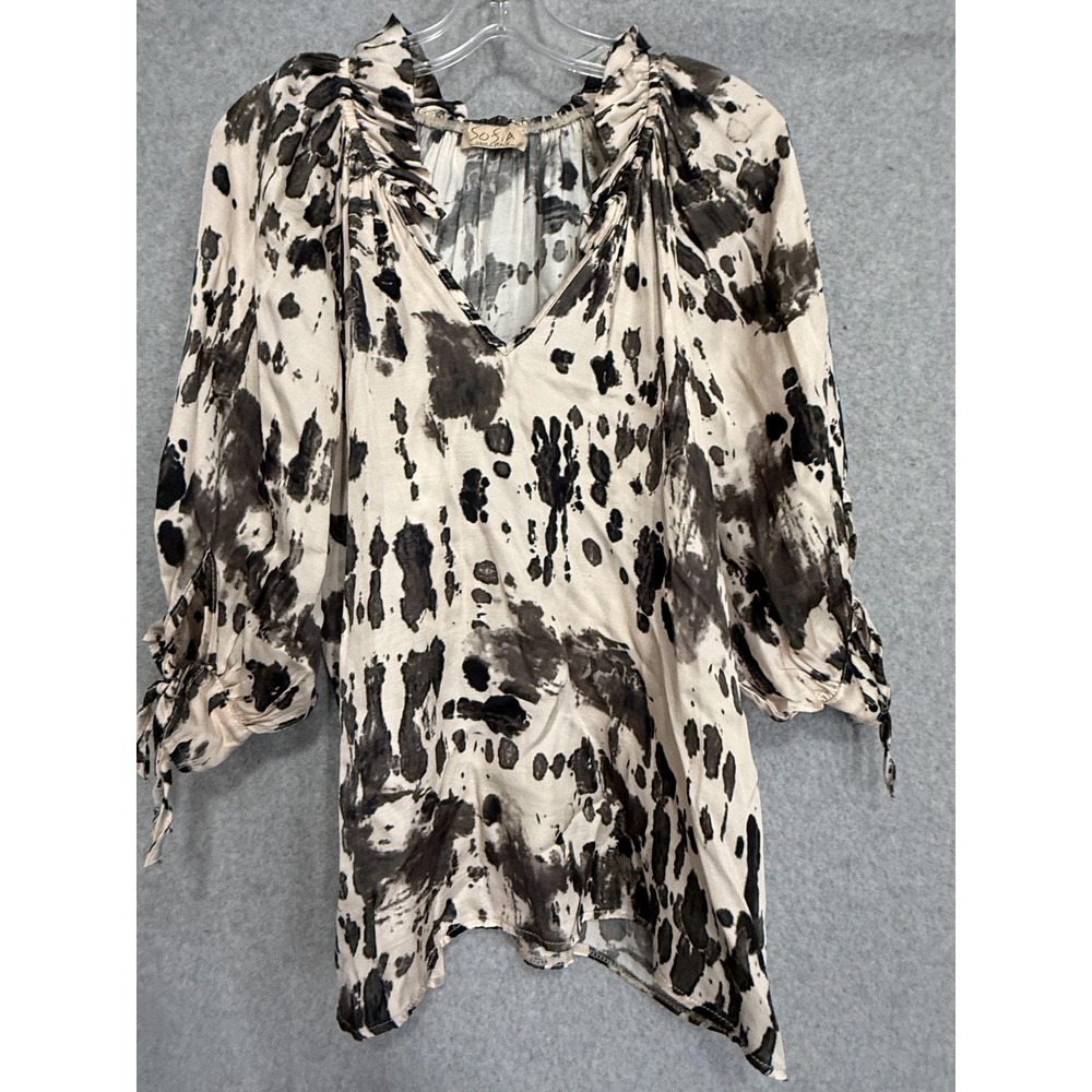 Sofia Blouse Womens One Size Beige Animal Print V Neck Slit Sleeve Tunic Italy
